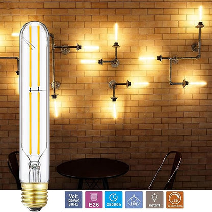 E26 Tubular Led Bulbs,Dimmable T10 Led Light Bulbs 6W Equal 60 Watt,2700K Warm White,Long Edison Led Bulb,600lm,T10 Clear Glass Bulb 7.3 in Led,4Pack.