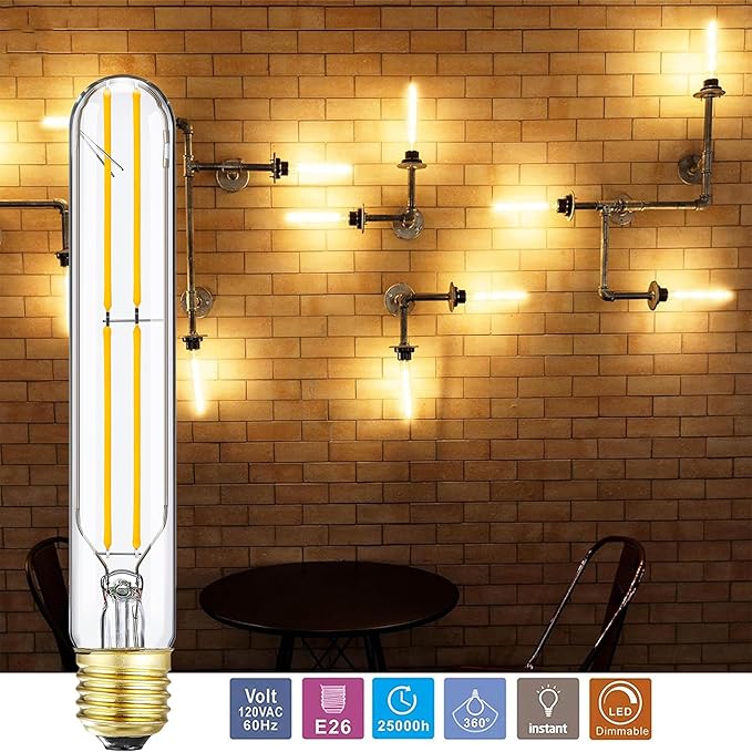 7.3Inch T10 Led Bulb 6W Dimmable Light Bulbs E26 Tubular Bulbs 60 Watt Warm White 2700K E26 Edison AC120V 600lm Tube T9 T10 for Rustic Pendant,Chandeliers,Wall sconces, 6-Pack