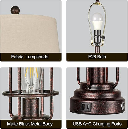 Table Lamps for Living Room Set of 2, 28" Tall Farmhouse Table Lamp with USB C+A Ports, Bedroom Lamps for Nightstand with White Oatmeal Lampshade, 4 Bulbs Included