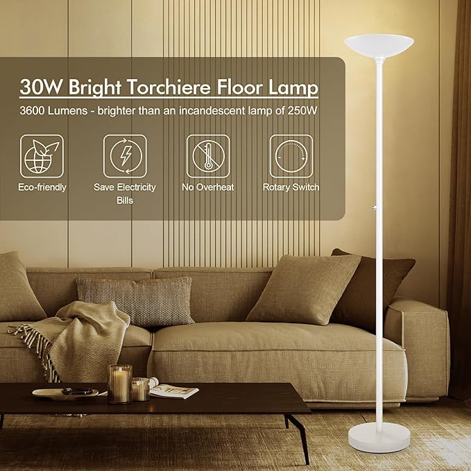 30W Torchiere Floor Lamp - 3600LM Super Bright LED Floor Lamp, 71 Inch Stepless Dimmable Standing Lamp with 3000K Lighting, Rotary Switch, Tall Metal Torch Floor lamps for Living Room/Bedroom (White)