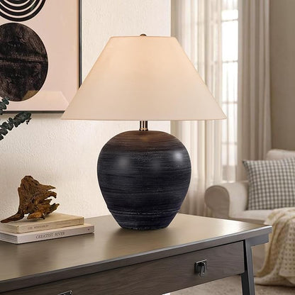 Farmhouse Ceramic Table Lamp, 21" Rustic Table Lamp with Linen Shade, 3-Way Dimmable Bedside Nightstand Lamps for Bedroom, Living Room, E26 Socket, Black with White Striped