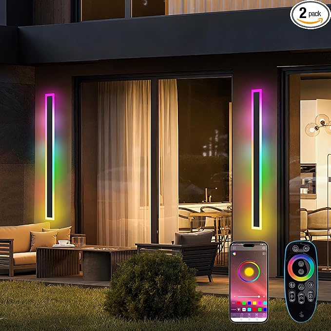 Outdoor RGB Long Wall Lights, 47.2inch 2 Pack RGB/Warm/White Dimmable Modern Led Wall Lighting, Ip65 Waterproof Long Wall Sconce with Remote and APP Control for Outdoor/Indoor