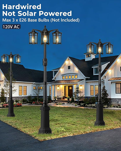 Lotsky Motion Sensor Outdoor Post Lights,360°Detection Dusk to Dawn Lamp Posts Outdoor Lighting with 3 Modes,Black 3-Head Aluminum Outside Street Light for Garden,Driveway,Patio,Waterproof,E26 Base
