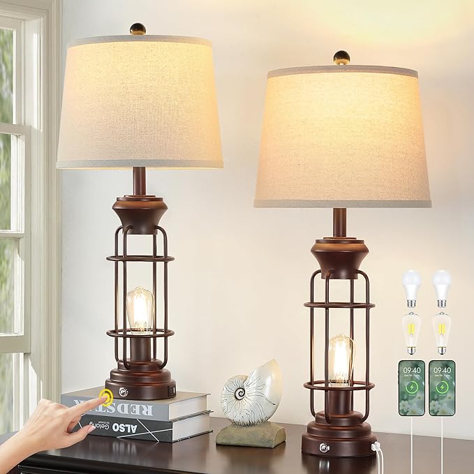 Table Lamps for Living Room Set of 2, 28" Tall Farmhouse Table Lamp with Oil Rubbed Bronze Finish, Bedroom Lamps for Nightstand with White Oatmeal Lampshade, 4 Bulbs Included