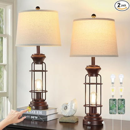 Table Lamps for Living Room Set of 2, 28" Tall Farmhouse Table Lamp with Oil Rubbed Bronze Finish, Bedroom Lamps for Nightstand with White Oatmeal Lampshade, 4 Bulbs Included