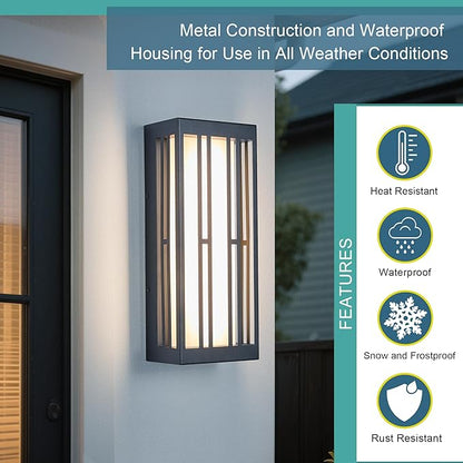 Outdoor Wall Lights, IP65 Waterproof & Anti-Rust, 1700 Lumens LED Porch Light, Triac Dimming, Textured Black Metal with White Acrylic Shade & UV Rated,Wall Mount for Patio, Entryway
