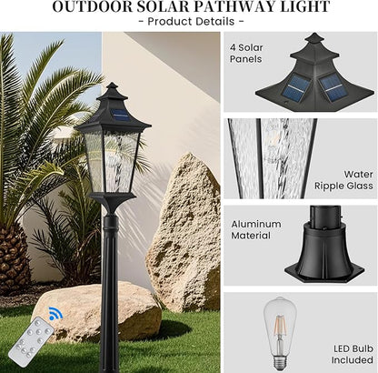 47.3 Inch Black Solar Lamp Posts Outdoor Waterproof Aluminum Solar Pole Lights with Water Ripple Glass Dusk to Dawn Outdoor Post Lights Hard Wired Include Remote Control and LED Bulb