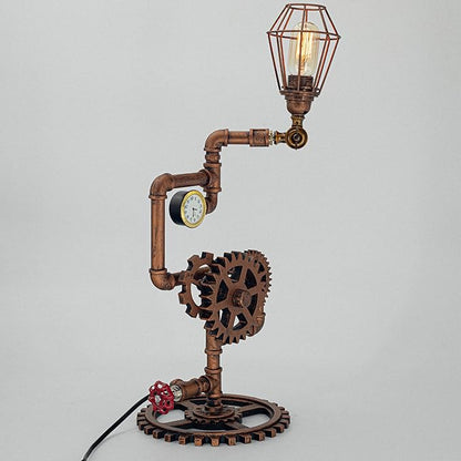Eclectic Copper Steampunk Pipe Table Lamp with 360° Adjustable Light & Clock (Cage Shade) QTF-BT06
