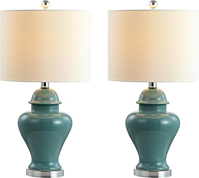 JONATHAN Y JYL6602A-SET2 22" Jade Green Classic Ceramic Table Lamp Set of 2 for Living Room, Traditional Ginger Jar Bedside Lamps for Bedroom Nightstand with White Linen Shade, LED Bulbs Included