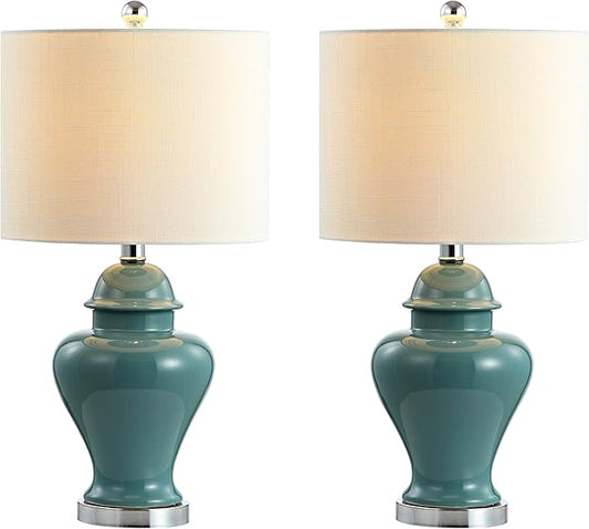 JONATHAN Y JYL6602A-SET2 22" Jade Green Classic Ceramic Table Lamp Set of 2 for Living Room, Traditional Ginger Jar Bedside Lamps for Bedroom Nightstand with White Linen Shade, LED Bulbs Included