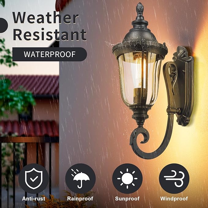 Outdoor Light Fixtures Wall Mounted Black Porch Sconces Clear Glass Shades E26 Sockets Exterior Weatherproof Lanterns Modern Porch Lights Wall Mount Outside Lights for House, Patio, Doorway