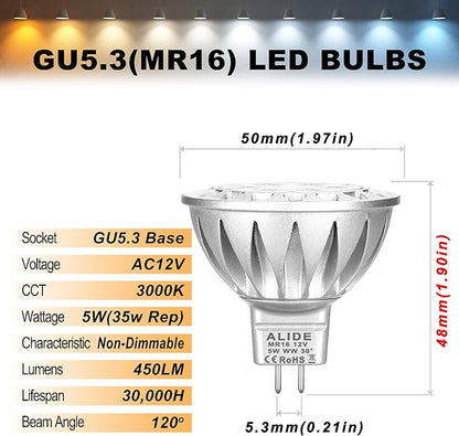 MR16 GU5.3 Led Landscape Bulbs 3000K Warm White 5W, MR16 20W 35W Halogen Replacement,12V Low Voltage Bulb Spotlights for Outdoor Landscape Flood Indoor Track Lighting,Not Dimmable,450lm,38 Deg,6 Pack