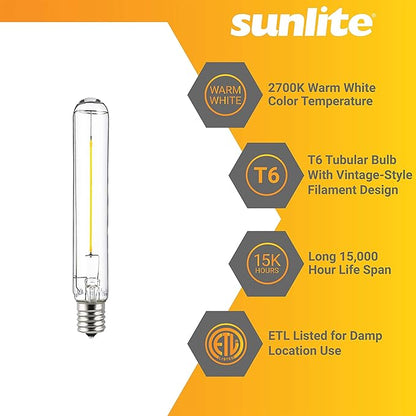 Sunlite LED Filament T6 T6.5 Tubular Light Bulb, 2 Watts (25W Equivalent), 180 Lumens, Intermediate E17 Base, Non-Dimmable, 139 mm, ETL Listed, 2700K Soft White, 6 Count