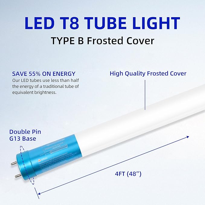 hykolity 20 Pack 4FT LED T8 Ballast Bypass Type B Light Tube, 18W, 2400lm for Single-Ended & Dual-Ended Connection, 5000K, Frosted Lens, T8 T10 T12 Tube Light for G13, 120-277V, UL Listed