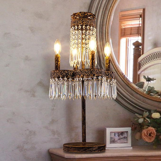 TOCHIC 26" Crystal Table Lamp for Living Room, 4 Lights Bedside Table Lamp Desk Lamps for Bedroom, Antique Bronze Night Stands Lamps for Foyer, Entryway, Staircase, Home Office, Kids Room