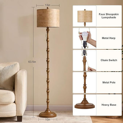 63.5'' Floor Lamps for Living Room, Farmhouse Floor Lamp for Bedroom with 3 Color Temperatures, Vintage Standing Lamps for Living Room, Living Room Light, Chain Switch, Bulb Included, Brown