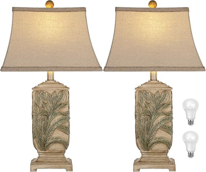 WIHTU 25" Vintage Table Lamps, 3 Color Temperature Rustic Retro Beside Lamp Set of 2, Farmhouse Resin Table Lamp for Living Room Bedroom Nightstands, Rotary Switch, Carved Leaf(2 Bulbs Included)