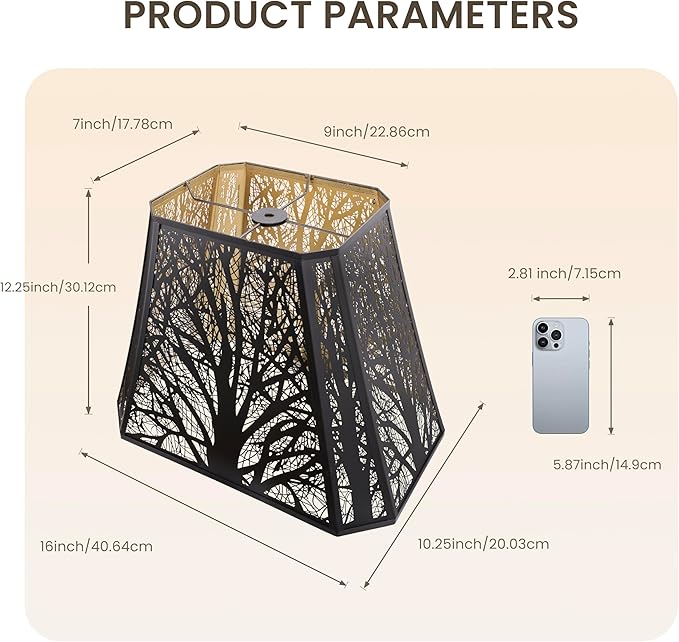 ALUCSET Bell Lamp shade, Large Metal Lampshade(Spider Fitter) Square Cut Corner, (7+9)" Top x (10.25+16)" Bottom x 12.25" High,Etched Forest Lamp Shades Replacements for Table Lamps and Floor Lamps