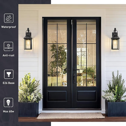 zeyu Outdoor Wall Mount Light Sconce, 16.3 Inch Farmhouse Exterior Wall Light for Garage in Black Finish, Die-Cast Aluminum with Seeded Glass Shade, ZW114B BK