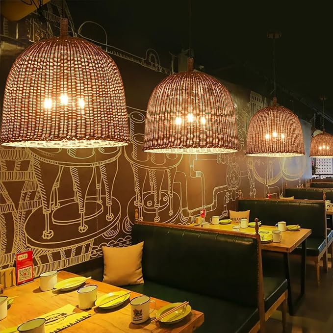 3-Light Dark Curry Rattan Pendant Light,17.7" Rustic Hanging Light,Brown Wicker Pendant Light Hand-Woven Rattan Chandelier for Workplace Restaurants Dining Living Kitchen Farmhouse
