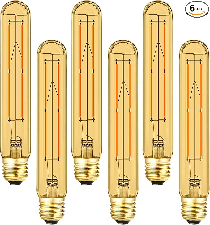 Leools Amber T10 LED Bulb 8W Equal E26 Edison Bulb 60 Watt AC120V Dimmable 7.3inch Tubular Light Bulb Warm White 2700K 600lm E26 LED Bulb for Rustic Pendant,Wall sconces E26 Light Bulbs 6Pack