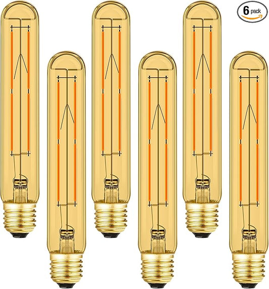 Leools Amber T10 LED Bulb 8W Equal E26 Edison Bulb 60 Watt AC120V Dimmable 7.3inch Tubular Light Bulb Warm White 2700K 600lm E26 LED Bulb for Rustic Pendant,Wall sconces E26 Light Bulbs 6Pack