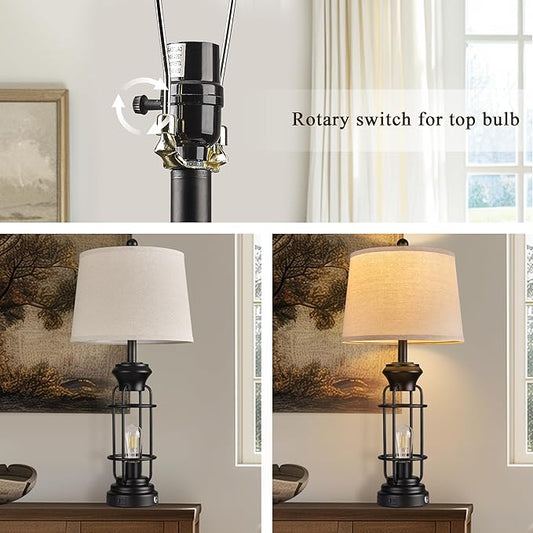 Black Table Lamps Set of 2, 28.5" Farmhouse Lamps for Living Room with USB C+A Ports, Touch Lamps for Bedroom, LED Bulbs Included