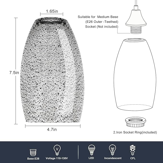Black Seeded Art Glass Pendant Lamp Shade 4.72" Glass chandeliers Cover Mini Oval Light Shade Replacement Shade Only Light Fixtures for Kitchen Island pendant light 1-Pack