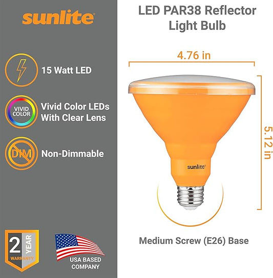 Sunlite 81479 LED PAR38 Colored Recessed Light Bulb, 15 watt (75W Equivalent), Medium (E26) Base, Floodlight, ETL Listed, Amber, 1 Pack