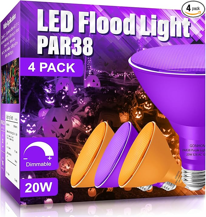 PAR38 Flood Lights Outdoor,Dimmable LED Flood Light Bulbs,20W(Equivalent to 200W),E26 Base,Outdoor Porch,Holiday Lighting,LED Flood Light Bulb for Halloween,Christmas,4 Pack Orange Purple