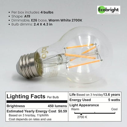 EcoBright 8PK Dimmable A19 LED Filament Bulb 40W Equivalent 5W E26 Base 450 Lumens CRI90 Flicker Free Clear Glass Energy Star Title 20 Warm White 2700K for Lamps Indoor Use