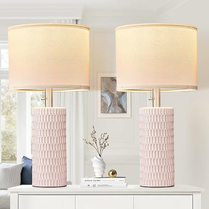 Table Lamps for Living Room Set of 2, Ceramic Table Lamps for Bedroom, 20" Modern Lamps for Night Stands, Pink