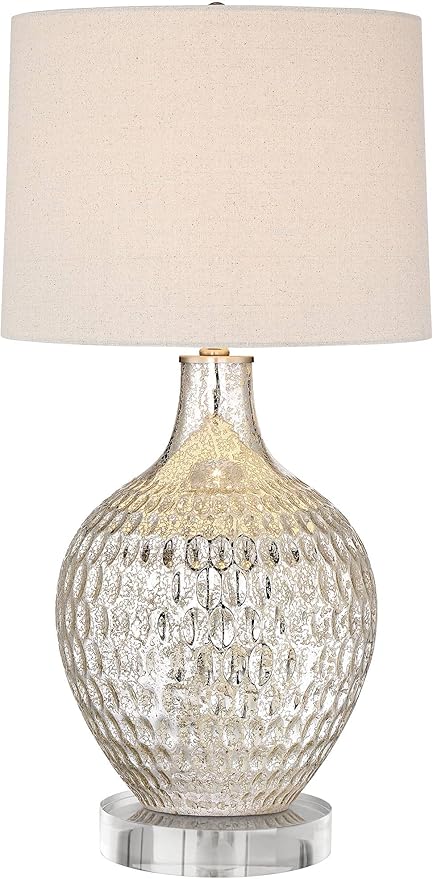 360 Lighting Waylon Modern Table Lamp with Clear Round Riser 29 1/2" Tall Mercury Glass Dimpled Textured Off White Drum Shade for Bedroom Living Room House Bedside Nightstand Office Family