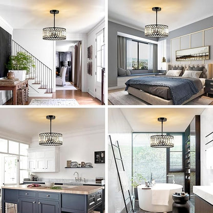 3-Light Crystal Ceiling Light, Modern Semi Flush Mount Light Fixture, Black Crystal Chandelier for Kitchen Bedroom Bathroom Entryway Hallway