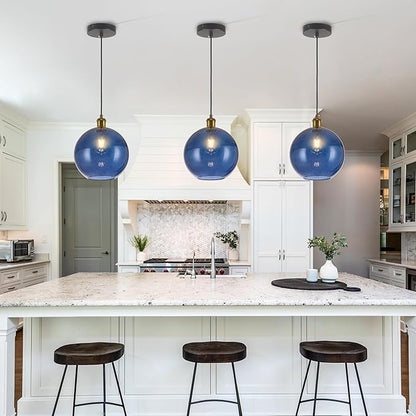 Blue Glass Pendant Lights Kitchen Island Lighting Modern Globe Pendant Light Fixtures Modern Pendant Lights for Kitchen Island Bedroom Living Dining Room Light Fixture-7.8Inch