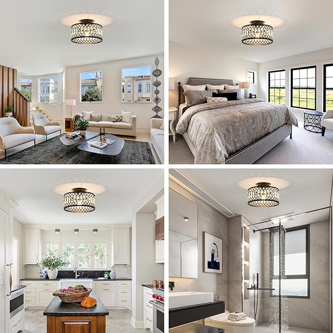 Crystal Ceiling Light Fixture, Modern Flush Mount Ceiling Light, Black Crystal Chandelier for Kitchen Bedroom Bathroom Entryway Hallway