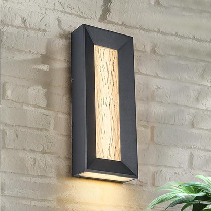 Modern 15in LED Outdoor or Indoor Wall Light with Cast Art Glass,Integrated LED 18.5W 3000K,IP65 Waterproof,Aluminum Extrusions in Textured Black,Wall Mount for Patio, Entryway, Garage