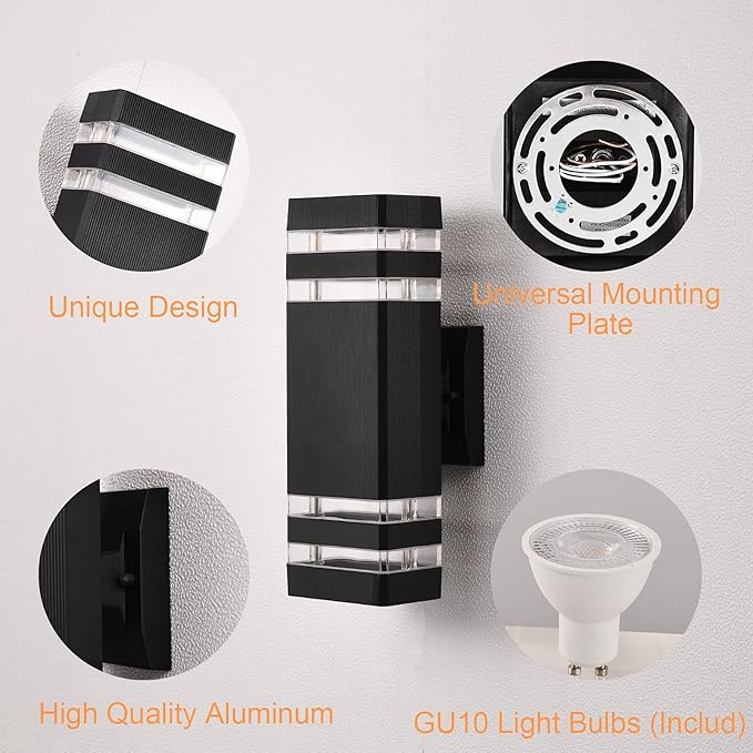 DASTOR 4 Pack Outdoor Wall Lights, Modern Exterior Lighting Fixtures Wall Mount, 2-Layer Black Outdoor Lights for House, Up and Down Lights Outdoor Sconces Wall Lighting for Porch Patio Garage