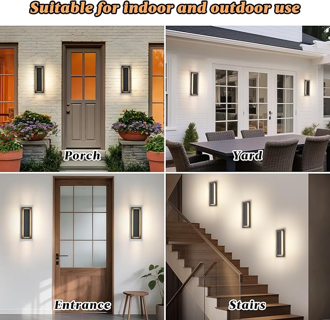 4 Packs Modern Exterior Lighting Fixtures, Black LED Outdoor Porch Wall Light, 16 in Long Outside Lights for House, Front Door, Patio, Waterproof Outdoor Sconce Lights, 3000K Warm White 12W