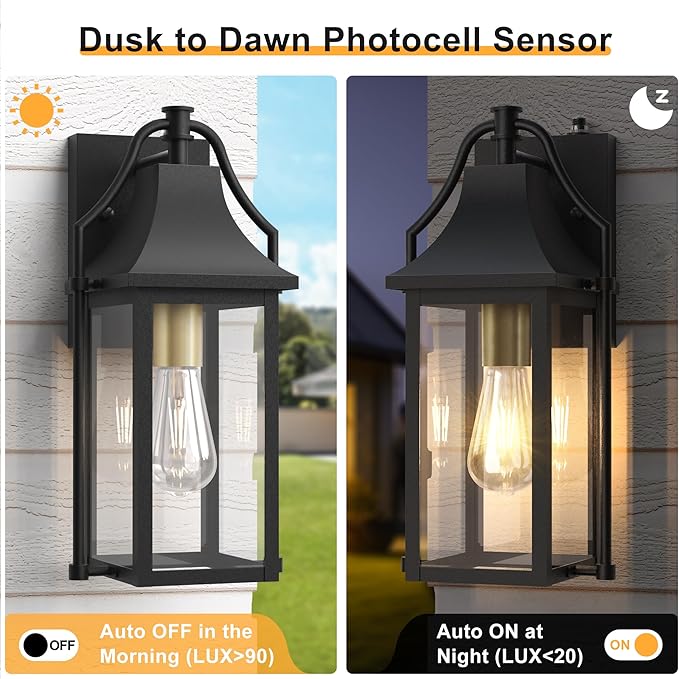 Dusk to Dawn Outdoor Wall Light, Waterproof Wall Sconces, Exterior Wall Mount Lantern Sconce with Glass, Black Patio Lanterns for House Garage Front Door, 14.8in, 1 Pcak