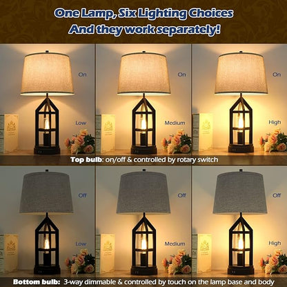 BesLowe 2-Light Farmhouse Rustic Touch Table Lamps Grey, 3-Way Dimmable Bedside Lamps with 2 USB Ports for Bedroom, End Table Lamps for Living Room with Gray Shades, 4 LED Bulbs Included, Set of 2