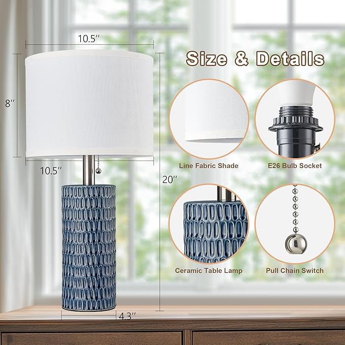 Table Lamps for Living Room Set of 2, Ceramic Table Lamps for Bedroom, 20" Modern Lamps for Night Stands, Dark Blue
