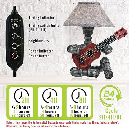 Music Guitar Table Lamp Art Decor Guitar Stuff Cool Gifts for Music Lovers Microphone Players for Men Steampunk Pipe Man Edison Bulb Lamps Retro Guitars Metal Pipe Industrial Robot Lights Silver Gray