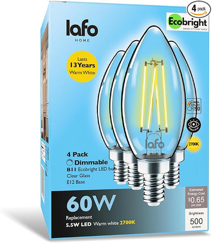 EcoBright Dimmable LED Candelabra Light Bulbs, B11 Chandelier Bulbs 60W Equivalent E12 Base, 2700K Warm White, CRI90, High Color Accuracy, Flicker Free, ETL and FCC Certified 4 Pack