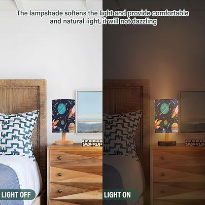 Bedside Lamp Space Cute Rockets Planets Table Lamp for Bedroom LED Nightstand Lamp Shade USB Ports Wood Base for Living Room Dorm Office