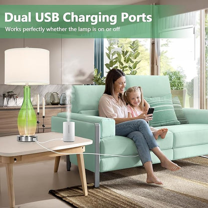 BesLowe 26in Tall Glass Table Lamps Set of 2 with 2 USB Charging Ports & LED Nightlight, Large Coastal Table Lamps for Living Room End Table, Modern Beach Lamps for Bedroom Bedside Nightstand, Green