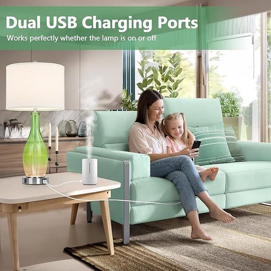 BesLowe 26in Tall Glass Table Lamps Set of 2 with 2 USB Charging Ports & LED Nightlight, Large Coastal Table Lamps for Living Room End Table, Modern Beach Lamps for Bedroom Bedside Nightstand, Green
