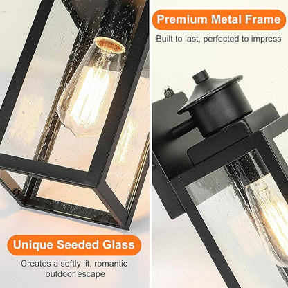 BesLowe 2-Pack Dusk to Dawn Outdoor Wall Lights, Modern Porch Lights Outdoor Sconces with Seeded Glass, Matte Black Exterior Lighting Fixtures Wall Mount, Outside Lights for House Front Door Garage