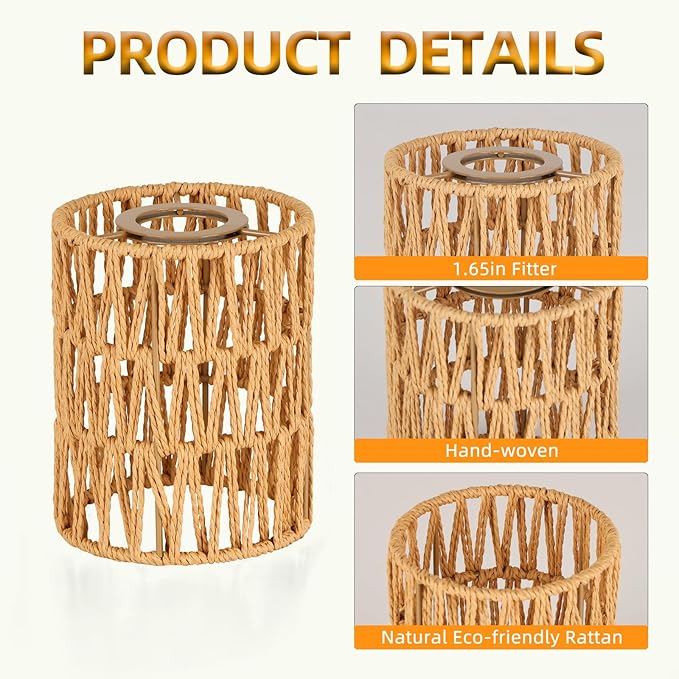 Rattan Lamp Shade Small Boho Shades Replacement 1-5/8 inch Fitter Cylinder Woven Lampshade for Floor Lamps Pendant Light Chandelier Wall Sconces Shade Ceiling Fan Light Covers 3 Pack