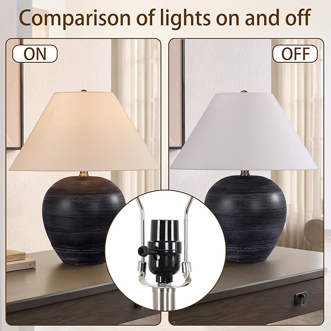 Farmhouse Ceramic Table Lamp Set of 2, 18" Rustic Table Lamp with Linen Shade, Bedside Nightstand Lamps for Bedroom, Living Room, E26 Socket, Black with White Striped